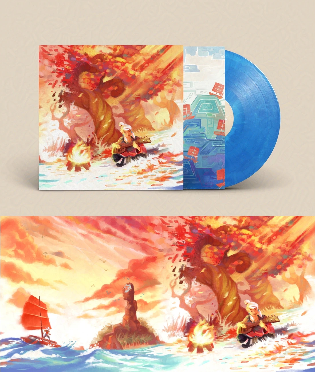 Photograph of a vinyl disc album, the front cover has the forest illustration, the inside is a sea and boat pattern, the vynil is blue, and the reverse side has an illustration of a red boat sailing towards a totemic stone structure on an island.